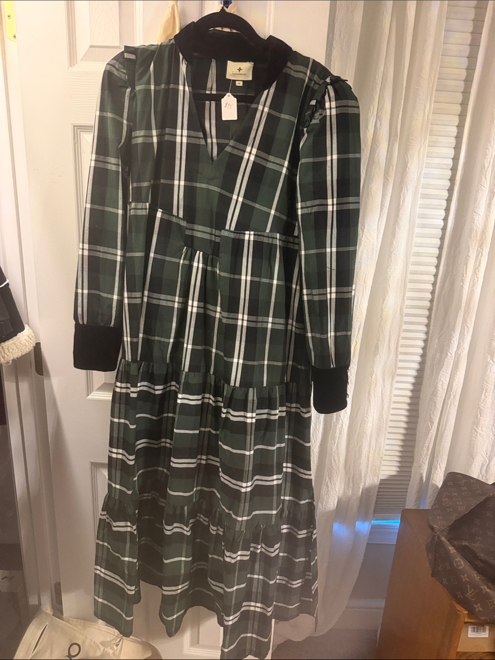 Tuckernuck Girls Dark Green and Black Plaid Tiered Dress